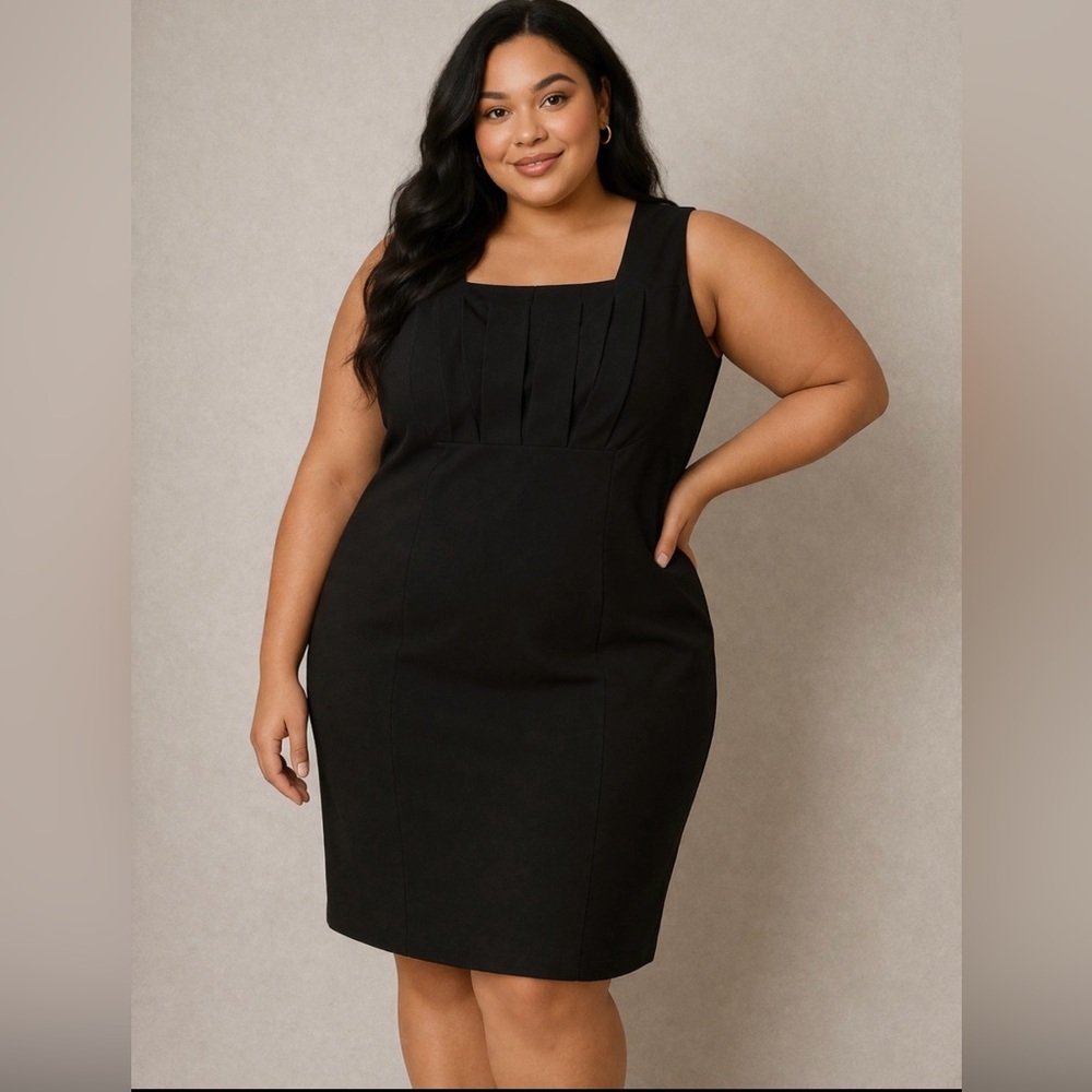 Perceptions Black Sleeveless Square-Neck Sheath Midi Dress